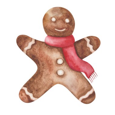 Watercolor illustration hand painted brown gingerbread with icing, man cookie with red scarf isolated on white. Christmas, New Year, winter clip art element for design postcard, packaging, fabric