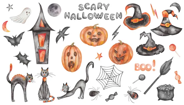 Watercolor Illustration Hand Painted Halloween Set Black Orange Colors Witch — 스톡 사진