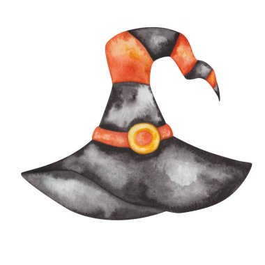 Watercolor illustration of hand painted witch, wizard long hat of black, orange colors like stockings with yellow buckle, crooked end. Isolated clip art for Halloween cards, packaging paper, prints