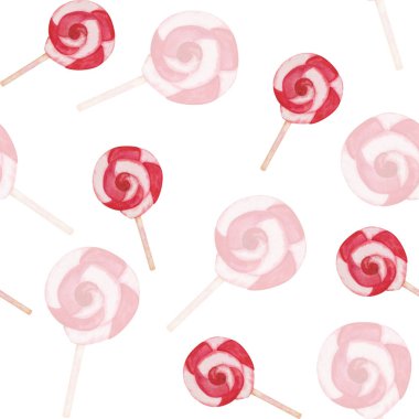 Watercolor seamless pattern from hand painted illustration of lollipop candy red and white, tasty sweets for children isolated on white. Print for design making packaging, textile fabric, postcards