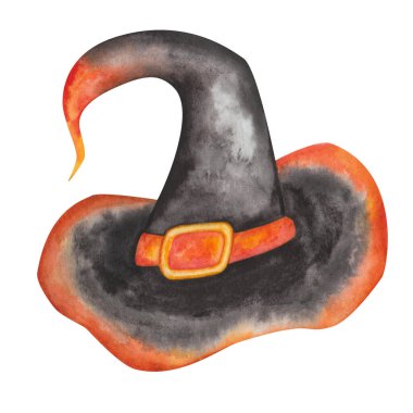 Watercolor illustration of hand painted witch, wizard, woman long hat of black, orange colors like fire with yellow buckle, crooked end. Isolated clip art for Halloween cards, packaging paper, prints