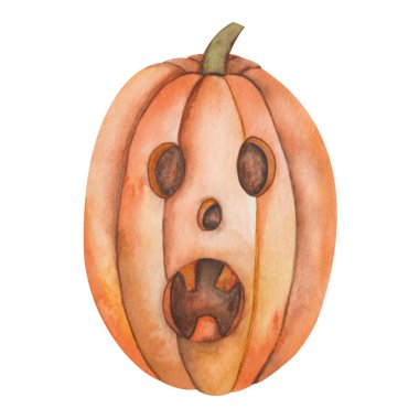 Watercolor illustration hand painted orange carved jake-o-lantern pumpkin with scary face for Halloween isolated. Food clip art element for holiday celebration in autumn, design postcards, posters