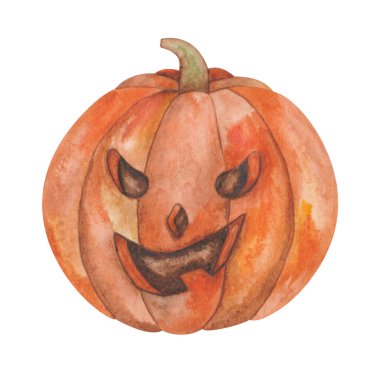 Watercolor illustration hand painted orange carved jake-o-lantern pumpkin with scary face for Halloween isolated. Food clip art element for holiday celebration in autumn, design postcards, posters