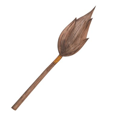 Watercolor illustration hand painted brown broomsick with twigs for cleaning or Halloween party isolated on white. Design clip art element for postcards making, packaging paper, fabric material