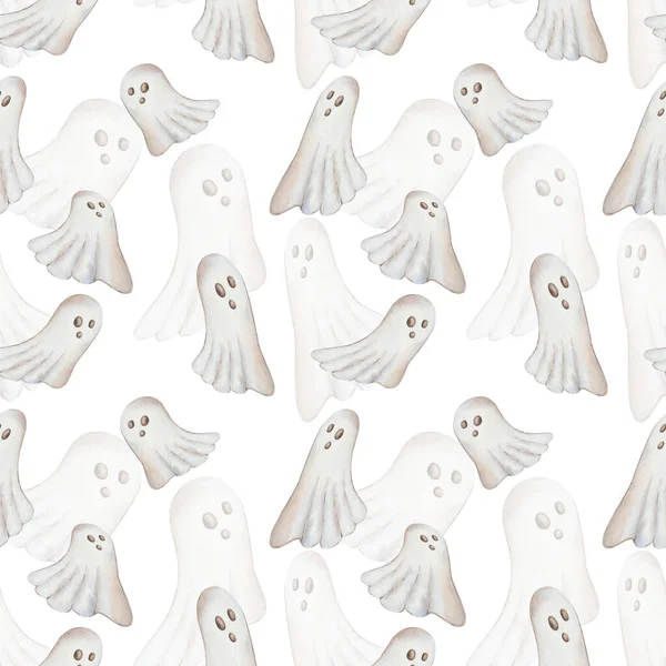Watercolor Seamless Pattern Hand Painted Illustration White Flying Ghost Face — Foto Stock