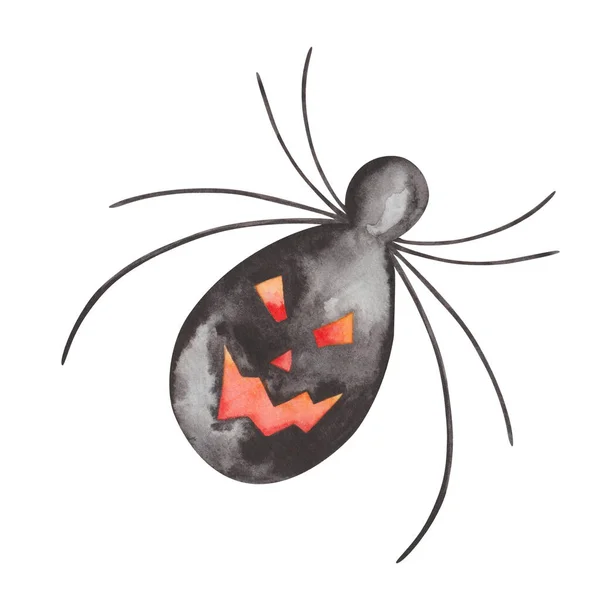 Watercolor Illustration Hand Painted Black Insect Spider Carved Orange Face — 스톡 사진