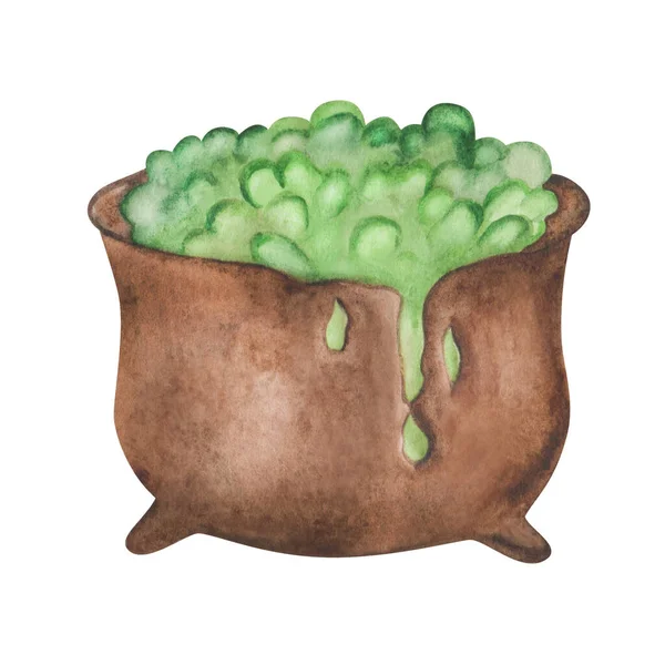 Watercolor Illustration Hand Painted Brown Rusty Cauldron Green Potion Bioling — Stock fotografie