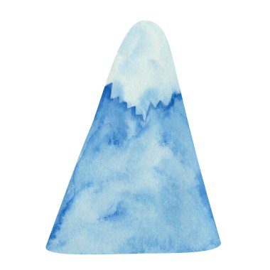 Watercolor illustration hand painted blue mountain with snow on the top for Christmas, New Year isolated on white. Winter clip art element for design postcard, poster, packaging paper, fabric material