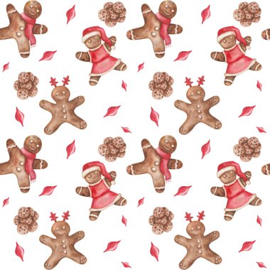 Watercolor seamless pattern from hand painted illustration of brown gingerbread cookies of little man on white background. Design print for Christmas, New Year, winter packaging paper, textile