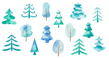 Watercolor illustration hand painted blue and green fir trees, pine, spruce for Christmas, New Year isolated. Simple winter clip art elements of forest for design postcard, packaging paper, textile