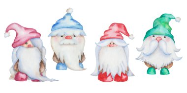 Watercolor illustration hand painted little dwarfs with long beard, hair and hats isolated on white. Cartoon clip art gnome characters, little man for holiday celebration, design postcard, fabric clipart