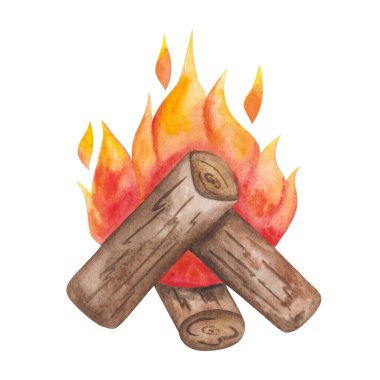Watercolor illustration hand painted orange and red fire on brown wooden logs in forest or beach isolated on white. Autumn clip art element for camping, fall season for design postcards, poster