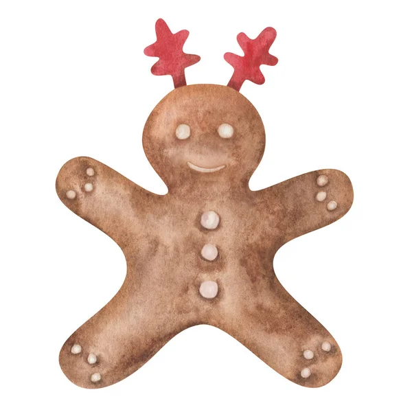 Watercolor Illustration Hand Painted Brown Gingerbread Cookie Form Little Man — Stock Fotó