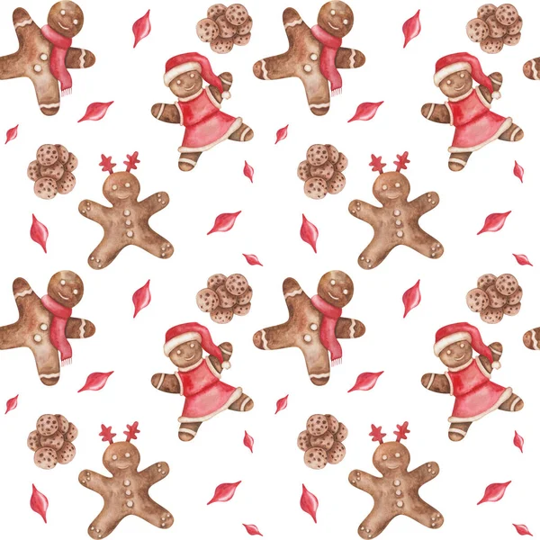 Watercolor Seamless Pattern Hand Painted Illustration Brown Gingerbread Cookies Little — Stock Fotó