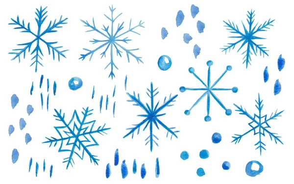 Watercolor illustration of hand painted blue snowflakes, dots of ornate shape. Isolated snow art for Christmas, New Year. Winter set of elements for design postcard, packaging paper, fabric material