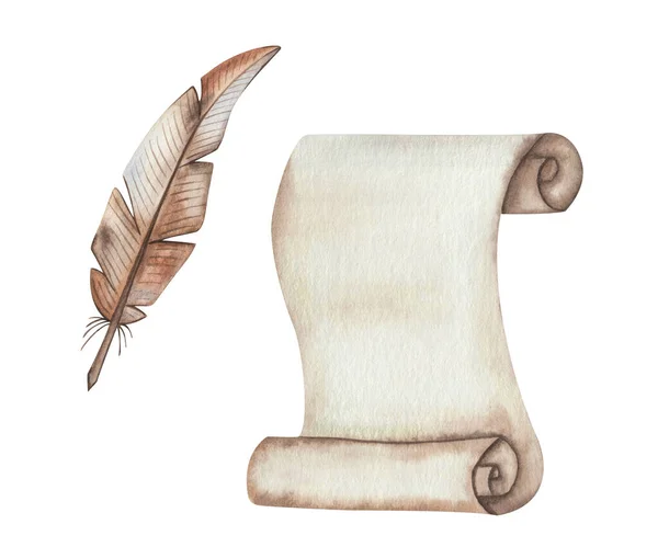 Watercolor Illustration Hand Painted Brown Quill Feather Pen Scrolled Parchment — Stockfoto