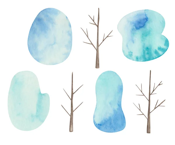 Watercolor Illustration Hand Painted Brown Tree Trunk Blue Snow Crowns — Stock fotografie