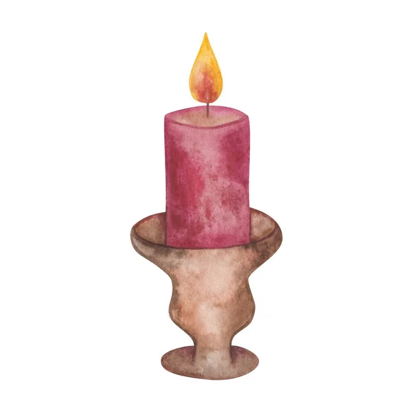 Watercolor Illustration Hand Painted Wax Maroon Candle Yellow Fire Candlestick — Stockfoto