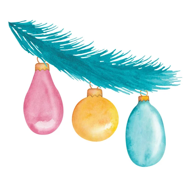 Watercolor Illustration Hand Painted Decorative Toys Ball Bauble Fir Tree — Stockfoto