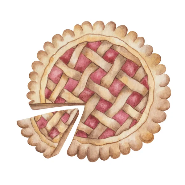 Watercolor Illustration Hand Painted Home Made Baked Pastry Pie Slice — Foto Stock