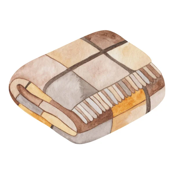 Watercolor Illustration Hand Painted Brown Beige Yellow Checked Plaid Tassels — Stok fotoğraf