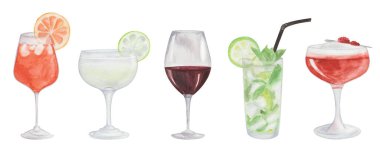 Watercolor hand painted cocktails in glasses with fruits orange, lemon with dark red marsala color wine isolated on white. Goblet for decoration menu in restaurant, cafe. Alcoholic beverage drinks
