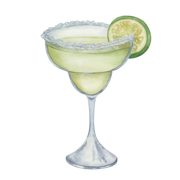 Watercolor Illustration Hand Painted Green Cocktail Margarita Slice Lime Salt — Zdjęcie stockowe