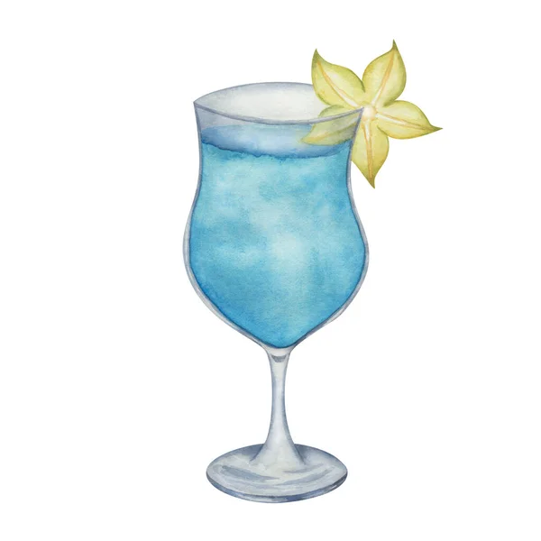 Watercolor Illustration Hand Painted Blue Cocktail Glass Yellow Carambola Star — Stockfoto