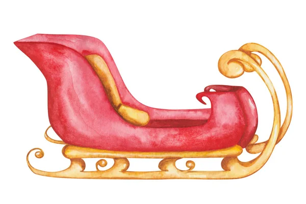 Watercolor Illustration Hand Painted Red Golden Yellow Sledge Santa Claus — Zdjęcie stockowe
