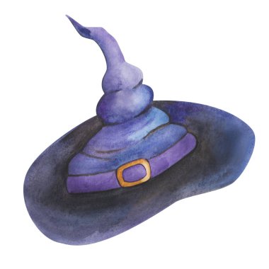 Watercolor illustration hand painted witch or wizard long hat of black and purple color with crooked end for Halloween isolated. Clip art element for design postcard, packaging paper, fabric material
