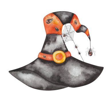 Watercolor illustration of hand painted witch, wizard long hat of black, orange colors with yellow buckle, insects spiders, cobweb, net. Isolated clip art for Halloween cards, packaging paper, prints