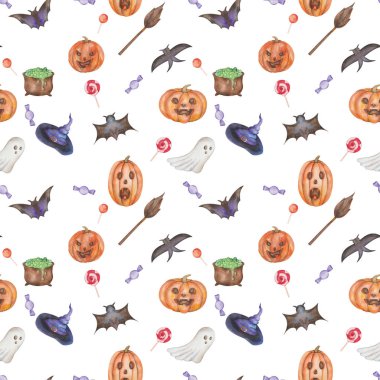 Watercolor seamless pattern from hand painted illustration of white flying ghost, witch hat, cauldron, sweets, bats, broomsick, pumpkins for Halloween. Print for fabric material, design postcards