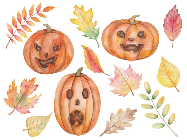 Watercolor Illustration Hand Painted Carved Jake Lantern Pumpkins Scary Faces — 스톡 사진