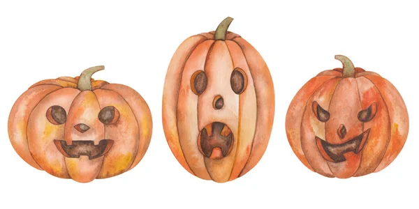 Watercolor Illustration Hand Painted Orange Carved Jake Lantern Pumpkin Scary — 스톡 사진