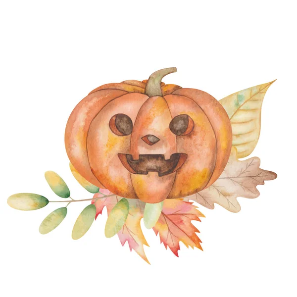 Watercolor Illustration Hand Painted Orange Carved Pumpkin Scary Face Halloween — Stock Fotó