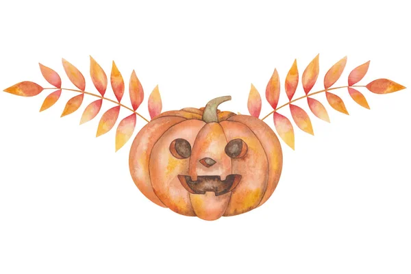 Watercolor Illustration Hand Painted Orange Pumpkin Scary Face Halloween Leaves — 스톡 사진