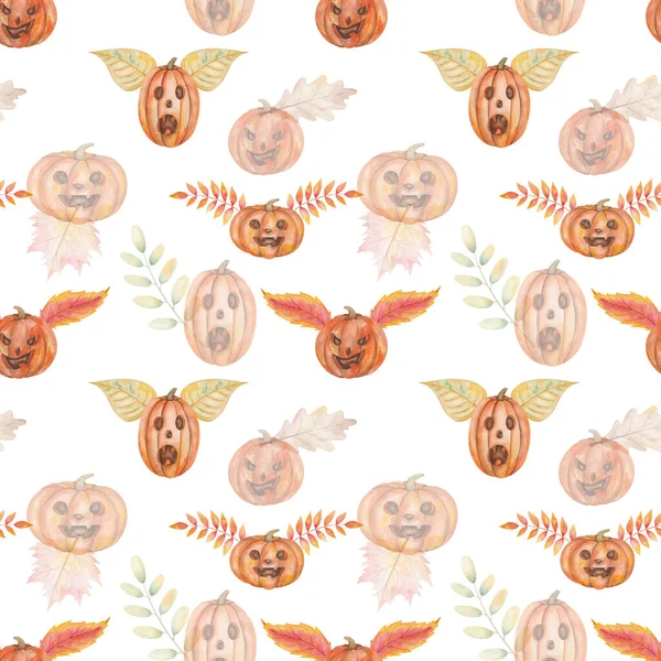 Watercolor Seamless Pattern Hand Painted Illustration Orange Pumpkins Scary Faces — Stockfoto