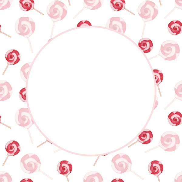 Frame Watercolor Illustration Hand Painted Lollipop Candy Red White Tasty — Foto de Stock