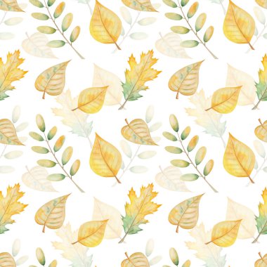 Watercolor seamless pattern from hand painted illustration of birch, maple tree leaves in yellow colors isolated on white. Forest nature print for autumn season fabric textile, design cards, packaging