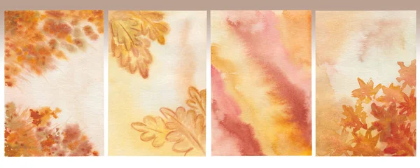 Watercolor illustration of hand painted abstract backgrounds with orange, yellow, brown leaves, flowers. Forest nature. Wind in dessert with sand. Autumn floral landscape. Interior banner, poster