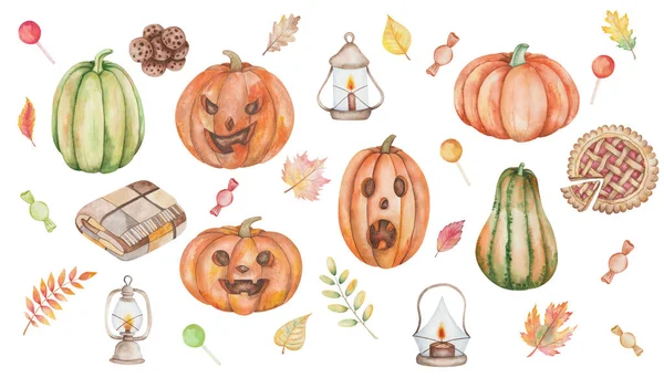 Watercolor Illustration Hand Painted Carved Jake Lantern Pumpkins Scary Faces — 스톡 사진
