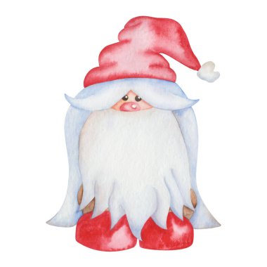 Watercolor illustration hand painted little dwarf with long beard and hair with red hat isolated on white. Cartoon clip art gnome character for holiday celebration New Year, Christmas design postcard