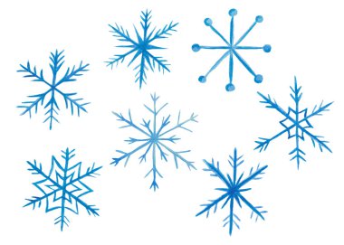 Watercolor illustration of hand painted blue snowflakes of ornate shape. Isolated on white snow art for Christmas, New Year. Winter elements for design postcard, packaging paper, fabric material