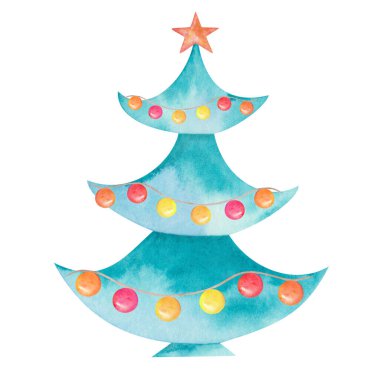 Watercolor illustration hand painted fir tree, pine, green spruce with red star and garland with balls. Isolated forest clip art for Christmas, New Year, winter for design postcards, banners, posters