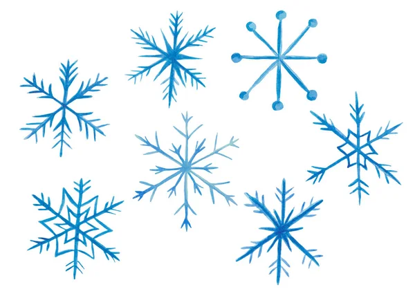 Watercolor Illustration Hand Painted Blue Snowflakes Ornate Shape Isolated White — Fotografia de Stock