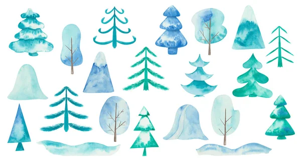 Watercolor Illustration Hand Painted Blue Bank Snow Drift Mountain Fir — Stock Photo, Image