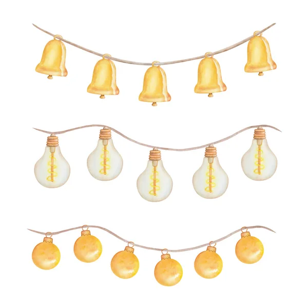 Watercolor Illustration Hand Painted Golden Yellow Jingle Bells Retro Bulb — Stockfoto