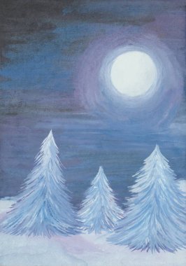 Gouache hand painted illustration of fir trees under the snow, snowbanks, full white moon, dark night sky. Crispy snowy winter forest blue and purple colors. Art for design postcard, banner, poster