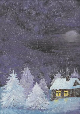 Gouache hand painted illustration of fir tree under the snow, snowbank, wooden house, dark night. Crispy snowy winter forest in blue and purple colors. Art for design postcard, banner, poster