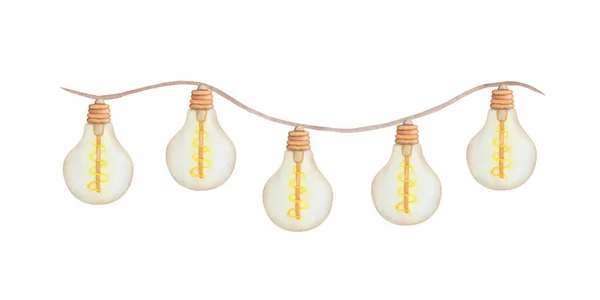 Watercolor Illustration Hand Painted Golden Yellow Electric Retro Bulb Lamps — Stockfoto